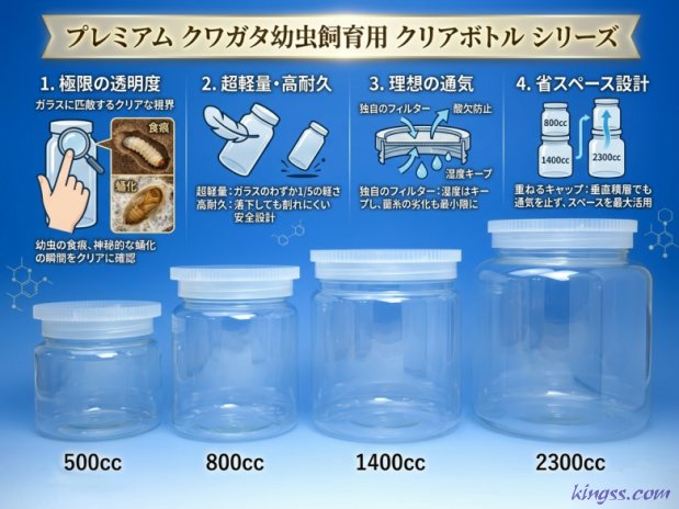 クワガタ幼虫用の飼育ボトル「クリアボトル」の4つの特徴(究極の透明度・軽量高耐久・適度な通気・積み重ねられる)を説明する画像