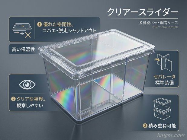 スライド式の蓋でコバエの侵入を遮断し、セパレータが標準装備のクリアースライダーの特徴をよく表した画像